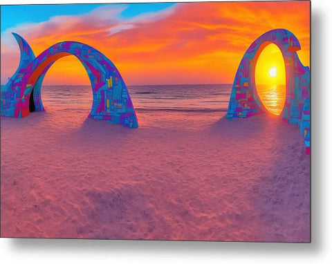 A sunset setting on the beach next to an archway that has a colorful archway