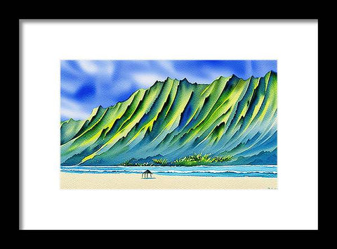 An art print that stands on top of the beach in Hawaii with a beach view