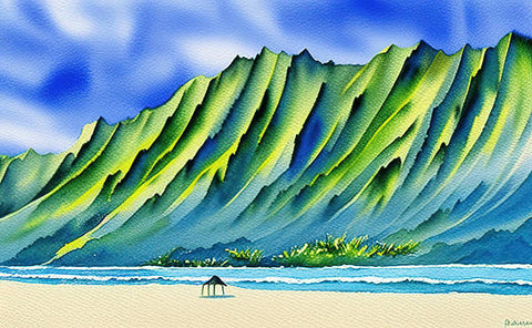 A sunflowing beach is displayed with a blue sky and green mountains