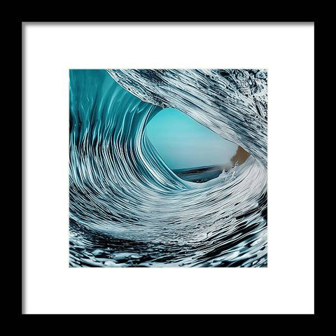 Art print of a blue wave on a rocky beach with a big and colorful ocean