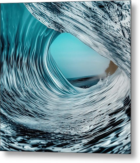 A wave is reflected in glass against blue water on a beach