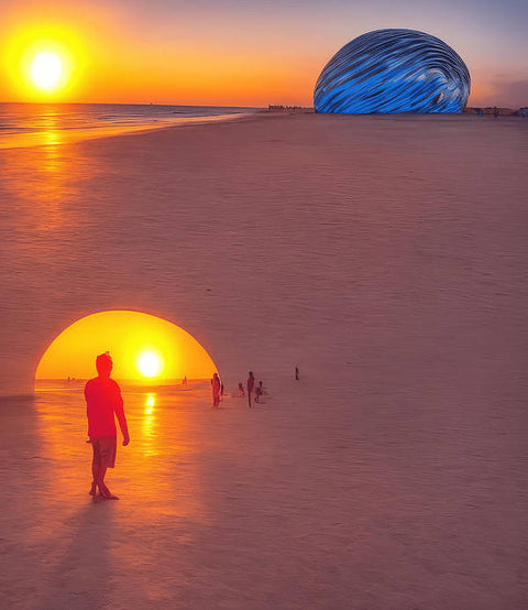 A large inflatable ball is floating on a cloudy beach during a sunset