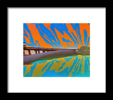 Art print for sale on wall on top of boat deck with blue and orange stripes