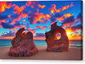 A sunset is set behind a blue sky with a colorful art print