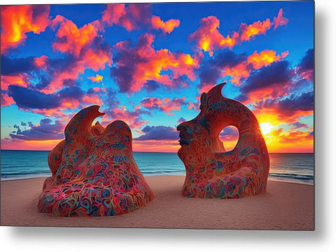 A sculpture of a person standing on a beach under a colorful sunset light painting