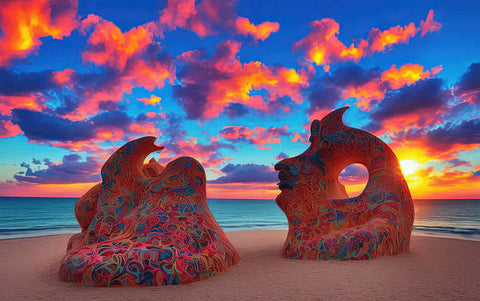 A view of colorful sculptures on the shore in the sand with a sunset