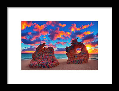 A colorful sunrise laying on top of a sea surrounded with some large sculptures