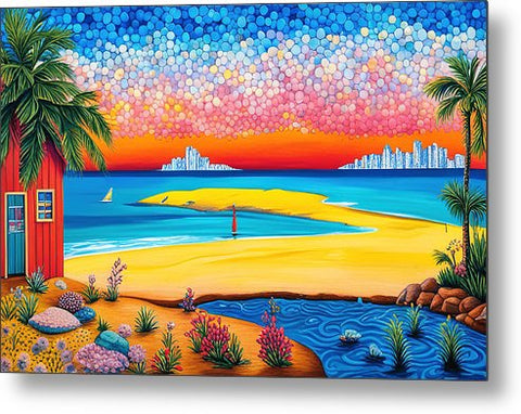 Beach with Colorful Sky and Vegetation and Red House with City in the Distance - Metal Print