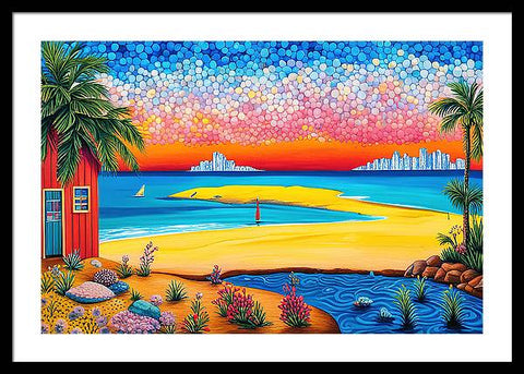 Beach with Colorful Sky and Vegetation and Red House with City in the Distance - Framed Print