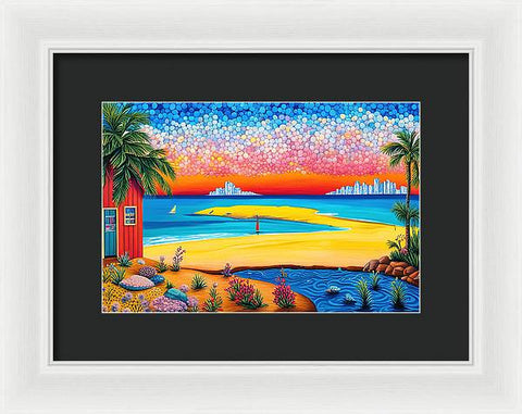 Beach with Colorful Sky and Vegetation and Red House with City in the Distance - Framed Print
