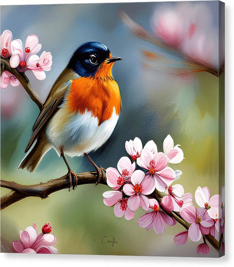 Beautiful Bird on Flowering Tree Art - Canvas Print