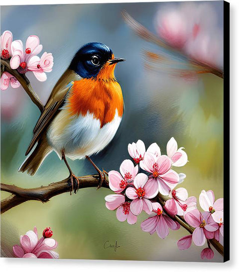 Beautiful Bird on Flowering Tree Art - Canvas Print