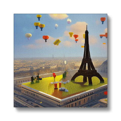 A large colorful art print of a large air balloon with the French city skyline behind the