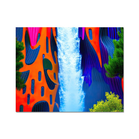 The waterfalls are framed in a colorful picture of a white and blue striped glass background