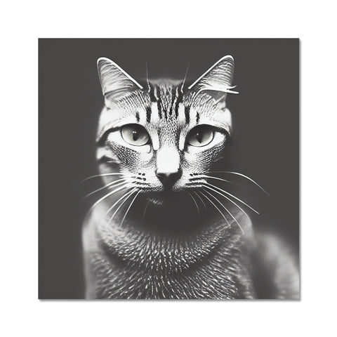 An image of a cat sitting in a dark background, facing the camera.