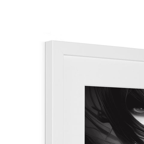 A white picture frame with a photo of a girl looking into a mirror on the top
