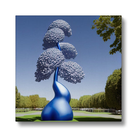 a picture of a tall tree surrounded by a blue sculpture with a blue cloud sitting on