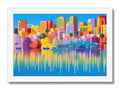 Art print of a city skyline with sail boats on the horizon.