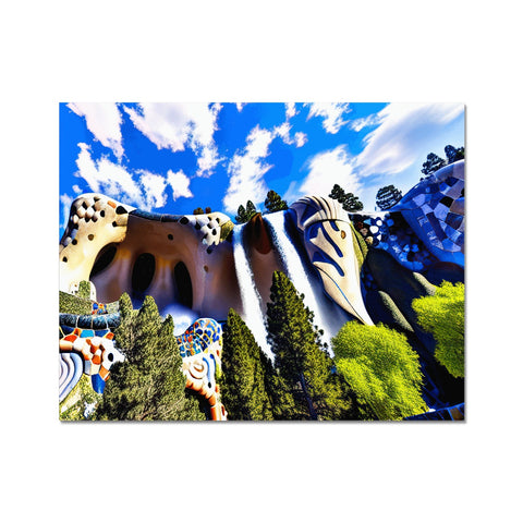 a colorful and colorful art print on a wall on a mountain background