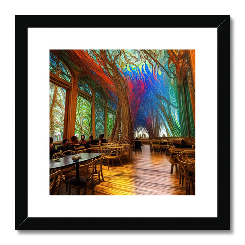 A wood framed art print hanging on a balcony of an outdoor restaurant with a table and