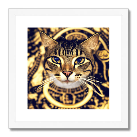 A cat on a gold foil framed clock wall with its eyes closed.