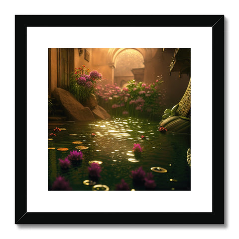 a framed art print with a photograph of water lilies above an office looking out window