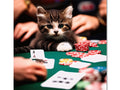 A cat is sitting beside a table, holding a poker game.