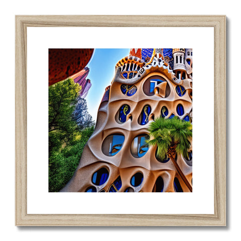 A framed art print on a wooden frame with a picture of architectural buildings inside of it