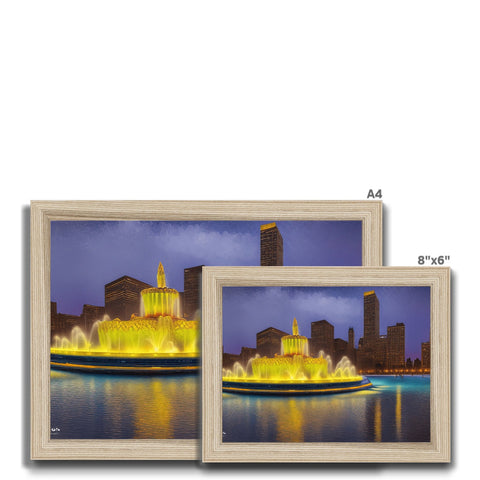 A photo printed picture frame with a city skyline next to a small fountain of gold.