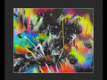An art print with spray painted pictures of graffiti on it.