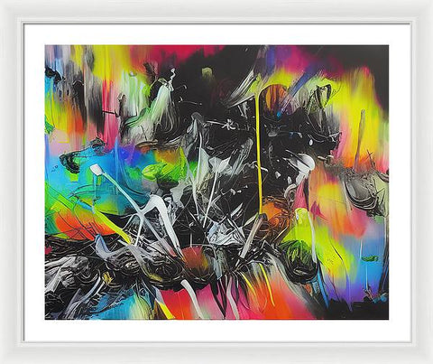 A spray painted art print that has been covered with a bright design.