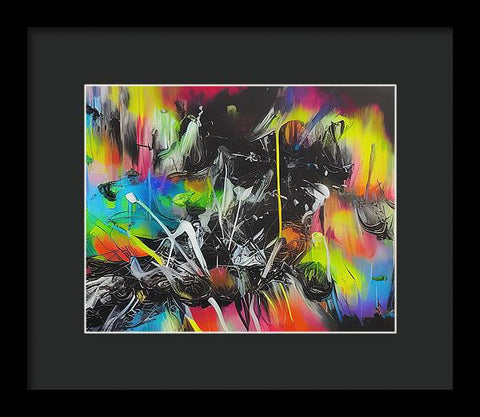 A painting in a frame of art print has many colors splattered on it.