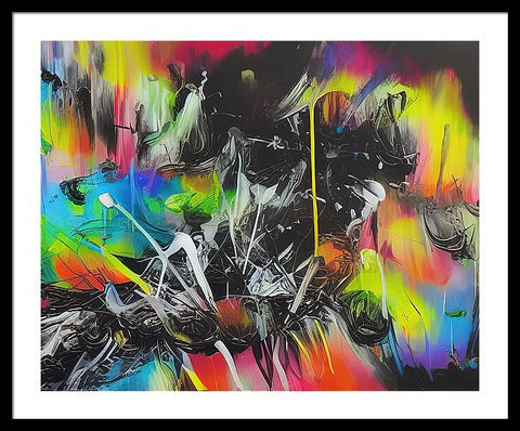 A painting of an abstract art print with colorful spray paint on it.