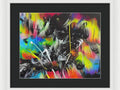 An art print that is splattered with colorful paint on a white wall.