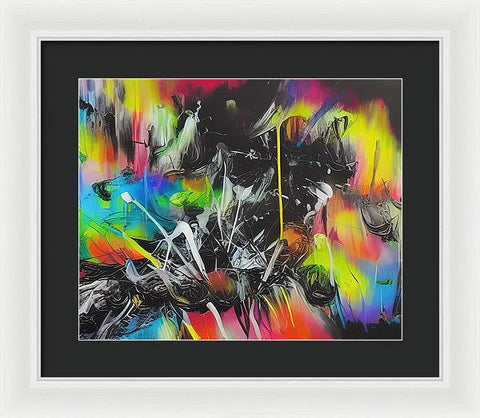 An art print that is splattered with colorful paint on a white wall.