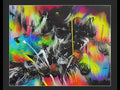 An abstract print print that is spray painted, with brushes and spray painted in colors