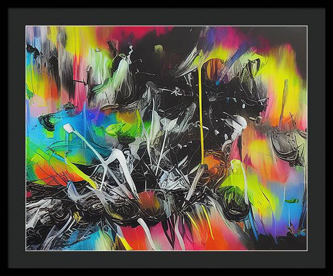 An abstract print print that is spray painted, with brushes and spray painted in colors