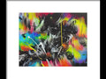 A painting of an abstract design that has splattered ink and spray paint.
