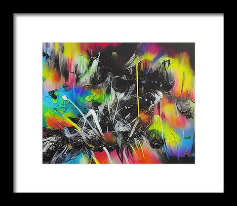 A painting of an abstract design that has splattered ink and spray paint.