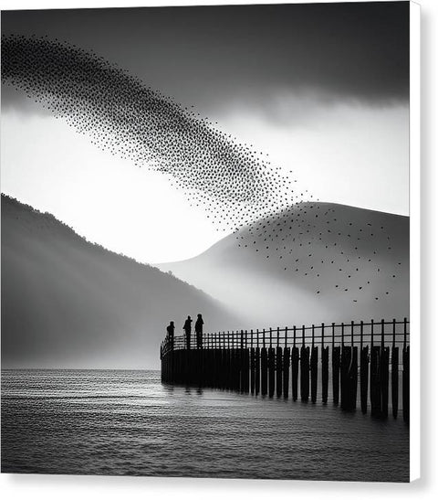 Black and White Bird Flock Mysterious Photo - Canvas Print