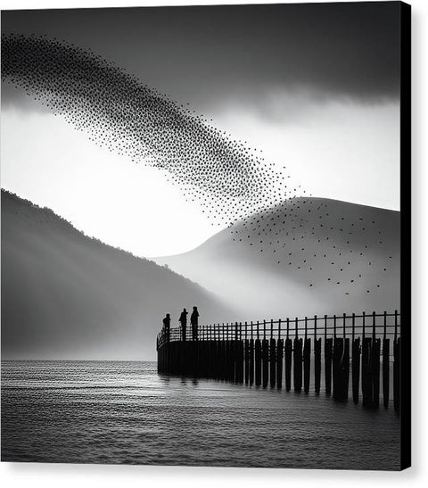 Black and White Bird Flock Mysterious Photo - Canvas Print