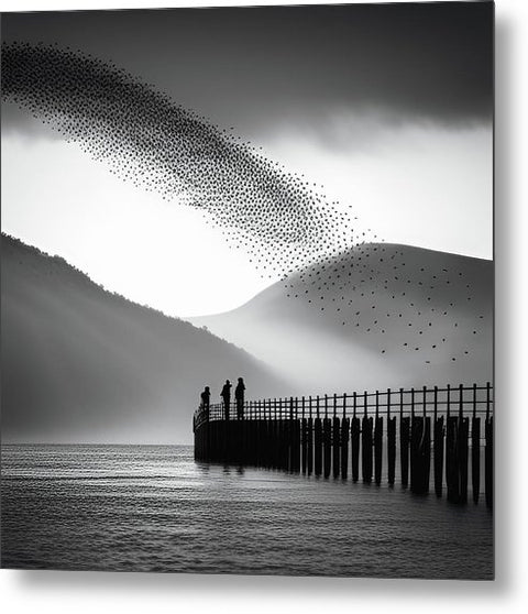 Black and White Bird Flock Mysterious Photo - Metal Print