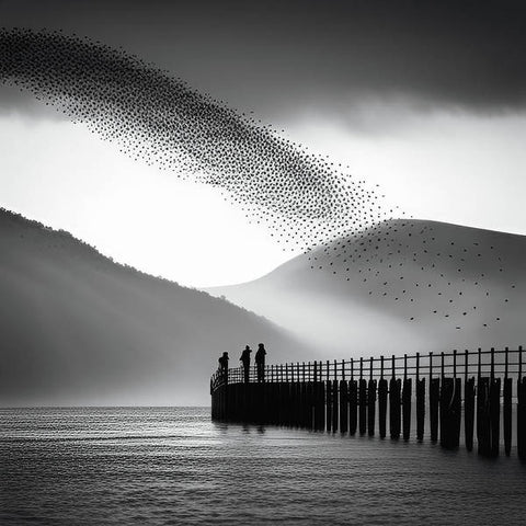 Black and White Bird Flock Mysterious Photo - Art Print