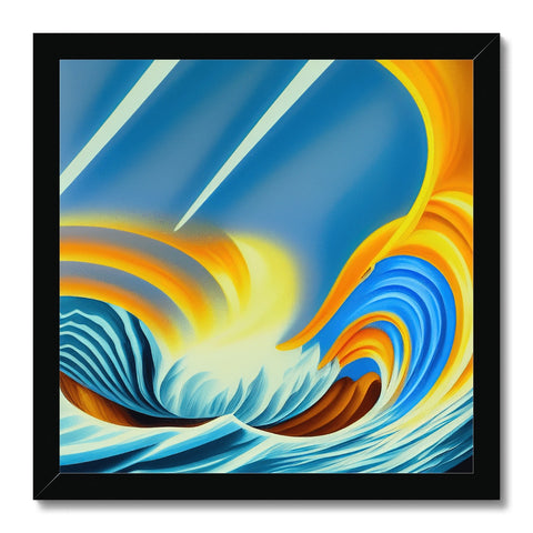 A wave crashing against a blue and orange surfboard.