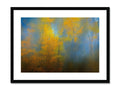 Art print in a house in the fall with tree tops and grass under colorful vegetation.
