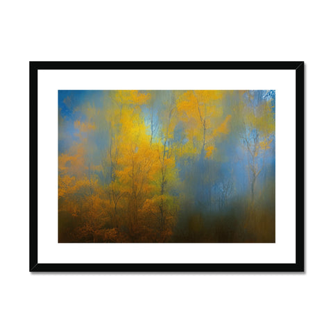 Art print in a house in the fall with tree tops and grass under colorful vegetation.