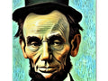 A picture of a framed caricature of Lincoln is shown in front of a wall on a