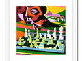 An art print that shows a chessboard with some colored squares and a picture of a