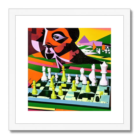 An art print that shows a chessboard with some colored squares and a picture of a