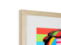 Wooden wood frame is filled with colorful artwork